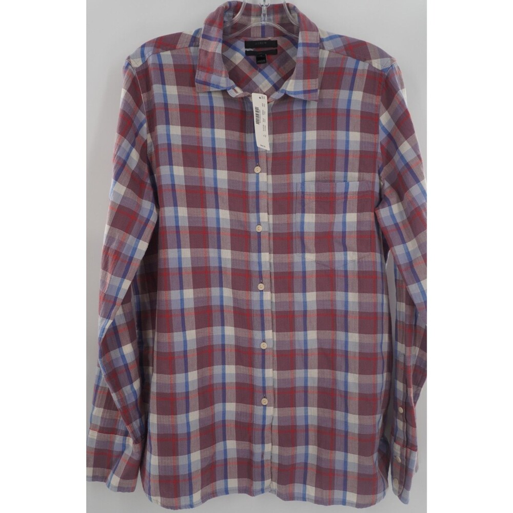 J.Crew Women Boy Fit Plaid Flannel Button Up Shirt Purple Blue & Red Check Sz 12